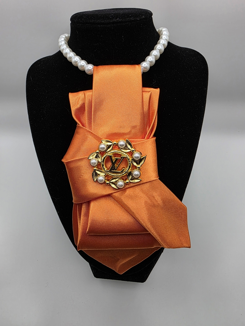Tie Necklace | Orange Satin Pearl